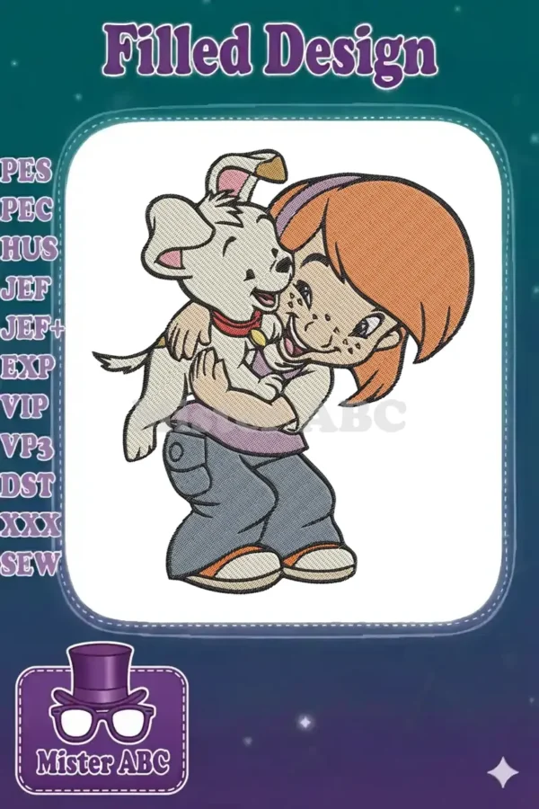 Embroidery design of a cheerful girl with freckles and orange hair hugging a small, happy white dog.