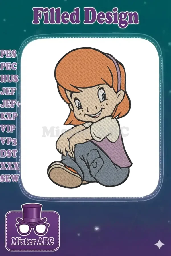 Full view of a charming digital embroidery design featuring a cheerful, freckled cartoon girl with red-orange hair, sitting playfully.