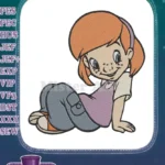 Playful red-haired cartoon girl sitting happy embroidery designs - Instant Download
