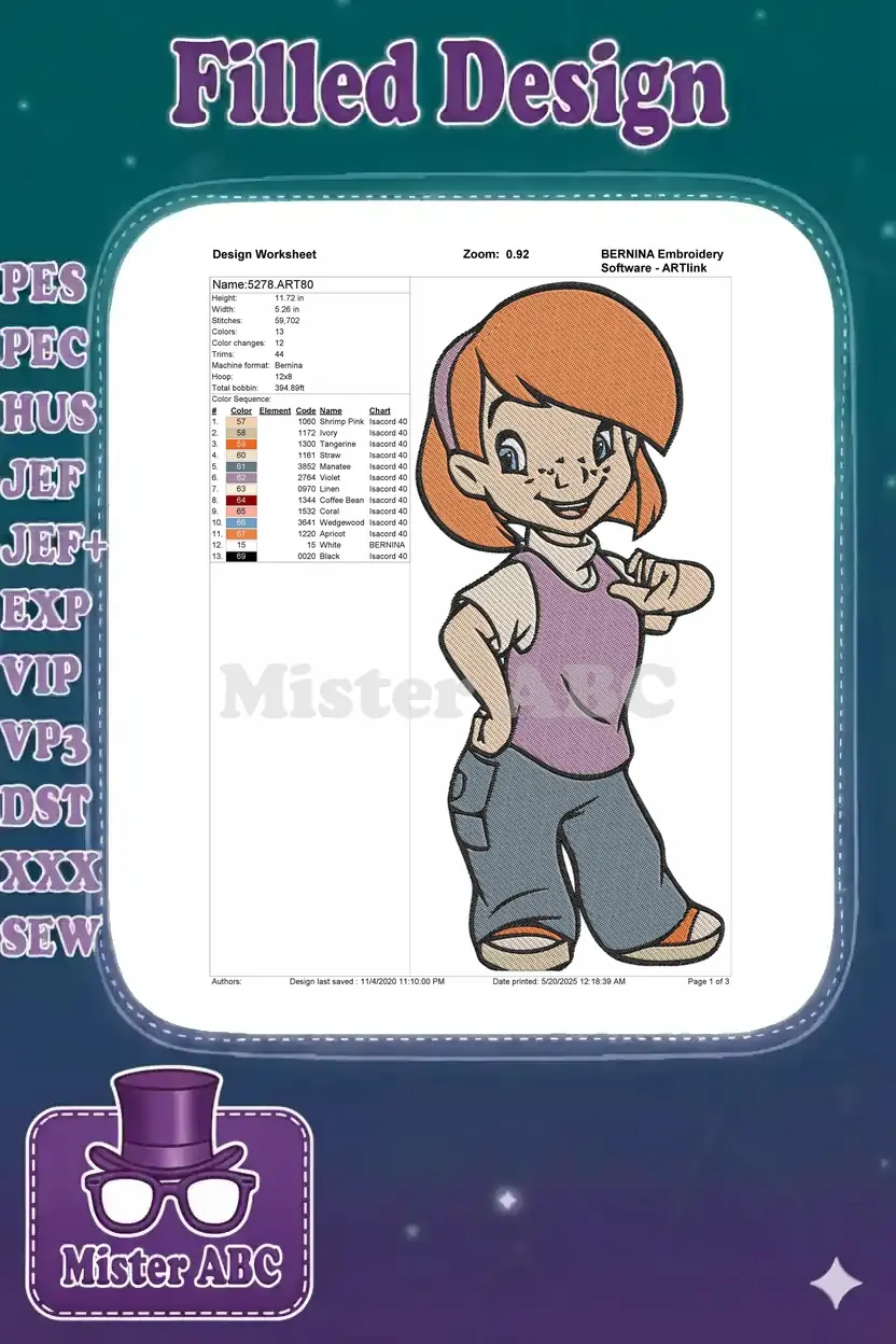 Embroidery design worksheet for Penny from The Rescuers, detailing dimensions, stitch count, and color sequence.