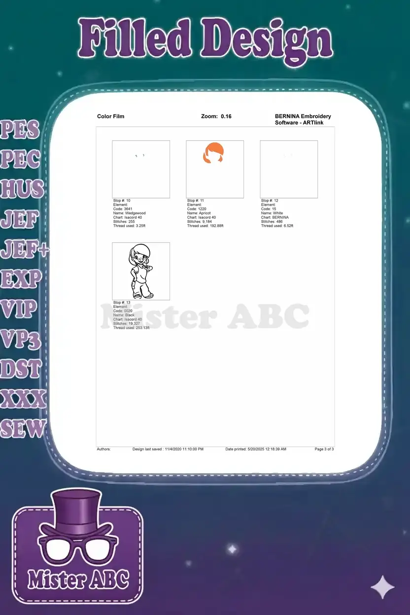 Part three of the color film chart for Penny embroidery, showing individual stitch blocks for colors 10 through 13.