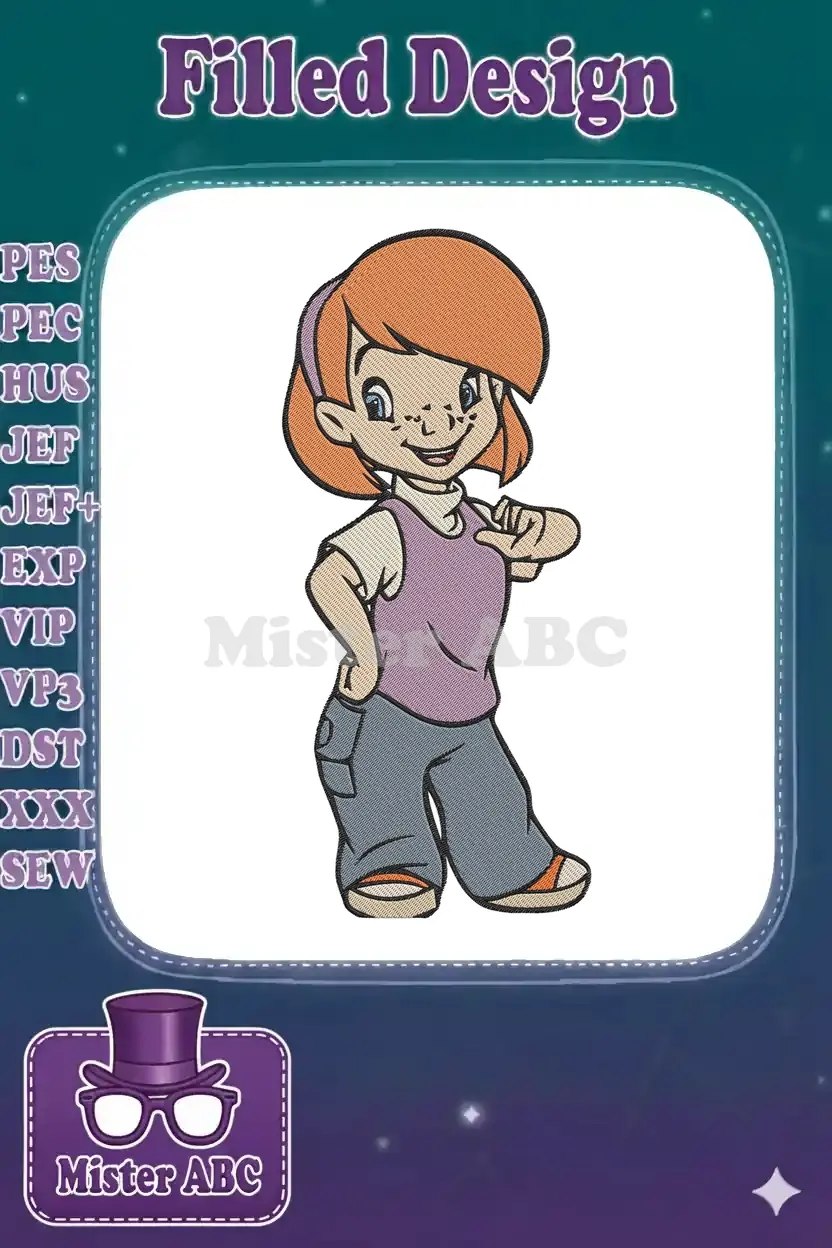 Full-body embroidery design of Penny from The Rescuers, a cheerful girl with red hair and freckles, wearing a purple vest.