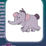 Happy cartoon purple elephant with braided hair embroidery designs - Instant Download