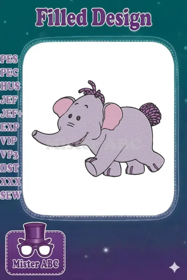 A cheerful, light purple cartoon elephant with pink ears and braided purple hair, an adorable embroidery design.