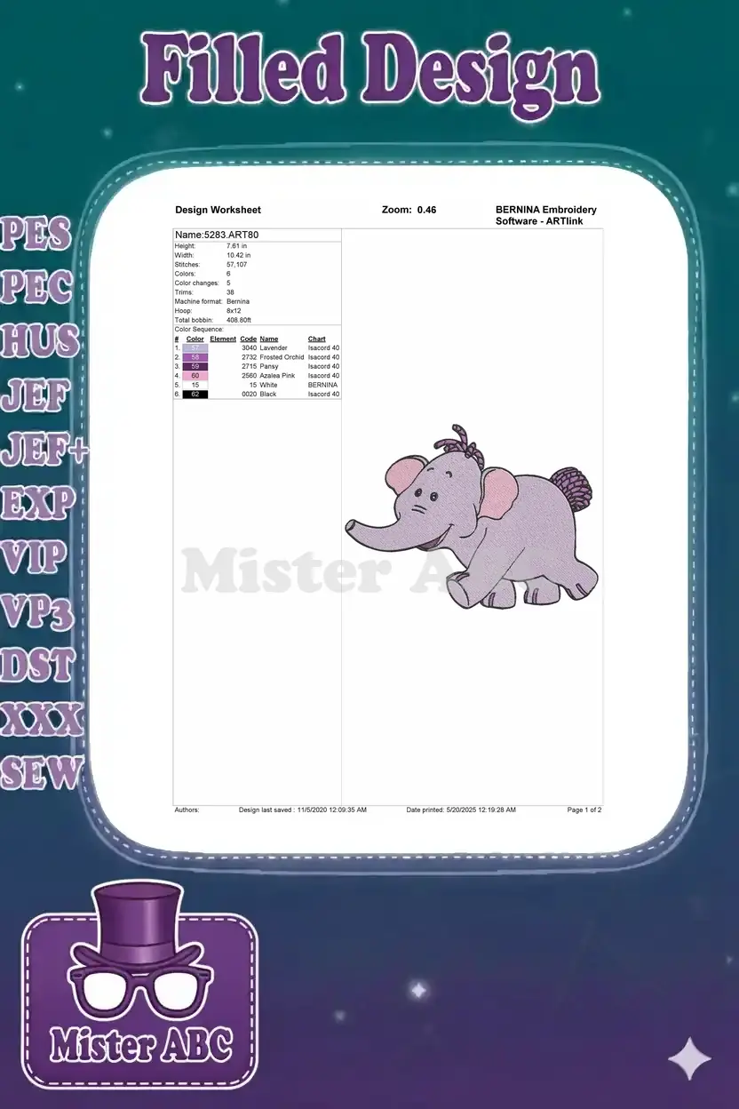 Embroidery design worksheet for the Lumpy Heffalump elephant, detailing dimensions, stitch count, and color sequence.