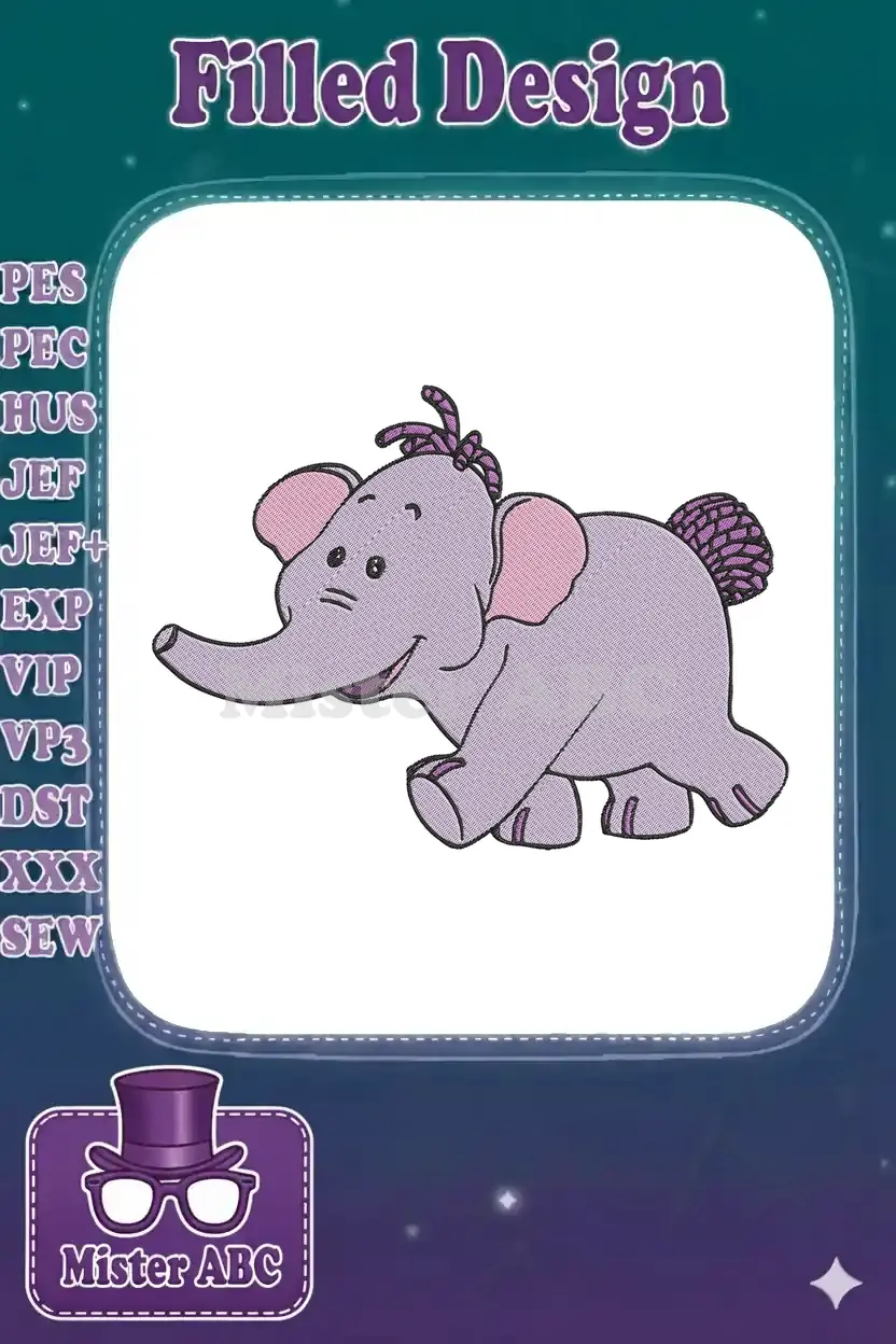 A cheerful, light purple cartoon elephant with pink ears and braided purple hair, an adorable embroidery design.