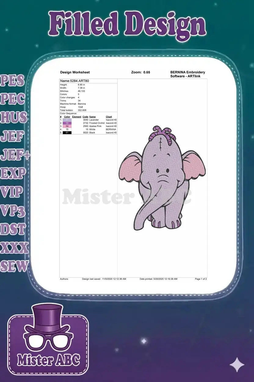 Embroidery design worksheet for Lumpy the Heffalump, detailing dimensions, stitch count, and color sequence.