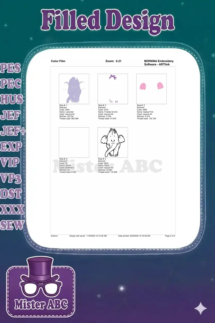 Color film breakdown for the Lumpy Heffalump embroidery design, showing each color stop and stitch usage.