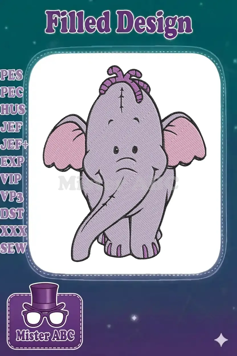 Close-up of a charming Lumpy the Heffalump embroidery design, featuring purple and pink fill stitches.