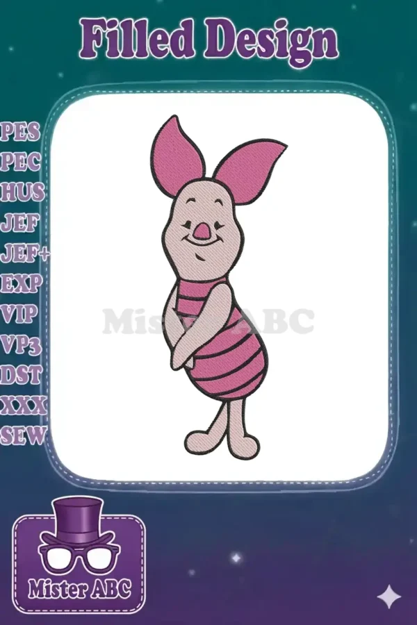 A vibrant machine embroidery design featuring Piglet from Winnie the Pooh, smiling with arms crossed.