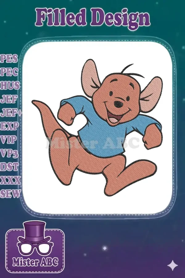 A lively embroidery design of Roo from Winnie the Pooh, jumping enthusiastically with a wide smile.