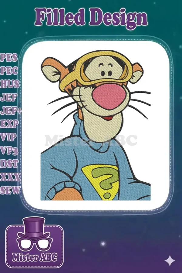 Tigger in a blue shirt with goggles and a yellow question mark, a vibrant machine embroidery design.