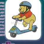 Winnie the Pooh riding scooter with helmet embroidery designs - Instant Download