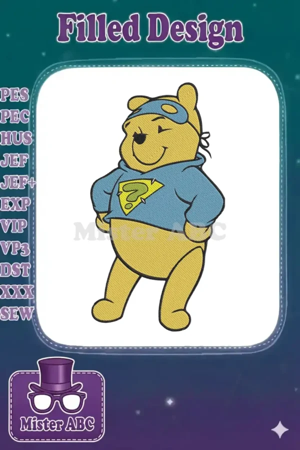 Winnie the Pooh in a superhero costume, featuring a blue mask and hoodie with a yellow question mark emblem.