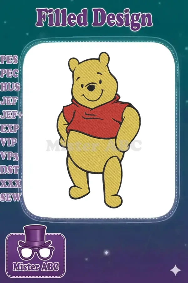 Full-body embroidery design of Winnie the Pooh, smiling cheerfully, wearing his iconic red shirt, on a white background.