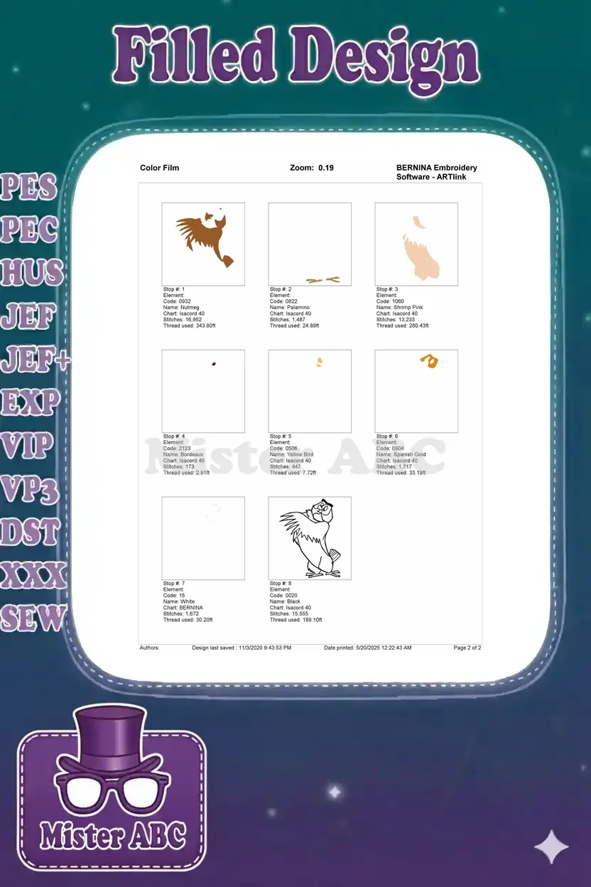 A color film chart for the Owl embroidery design, showing the stitch order and individual color elements.