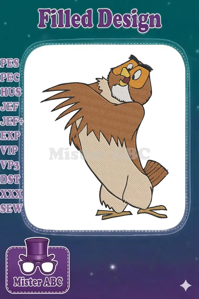 A vibrant embroidery design featuring Owl from Winnie the Pooh, looking surprised or excited, with full-fill stitching.