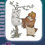 Cartoon owl teaching alphabet letters on tree scroll embroidery designs - Instant Download