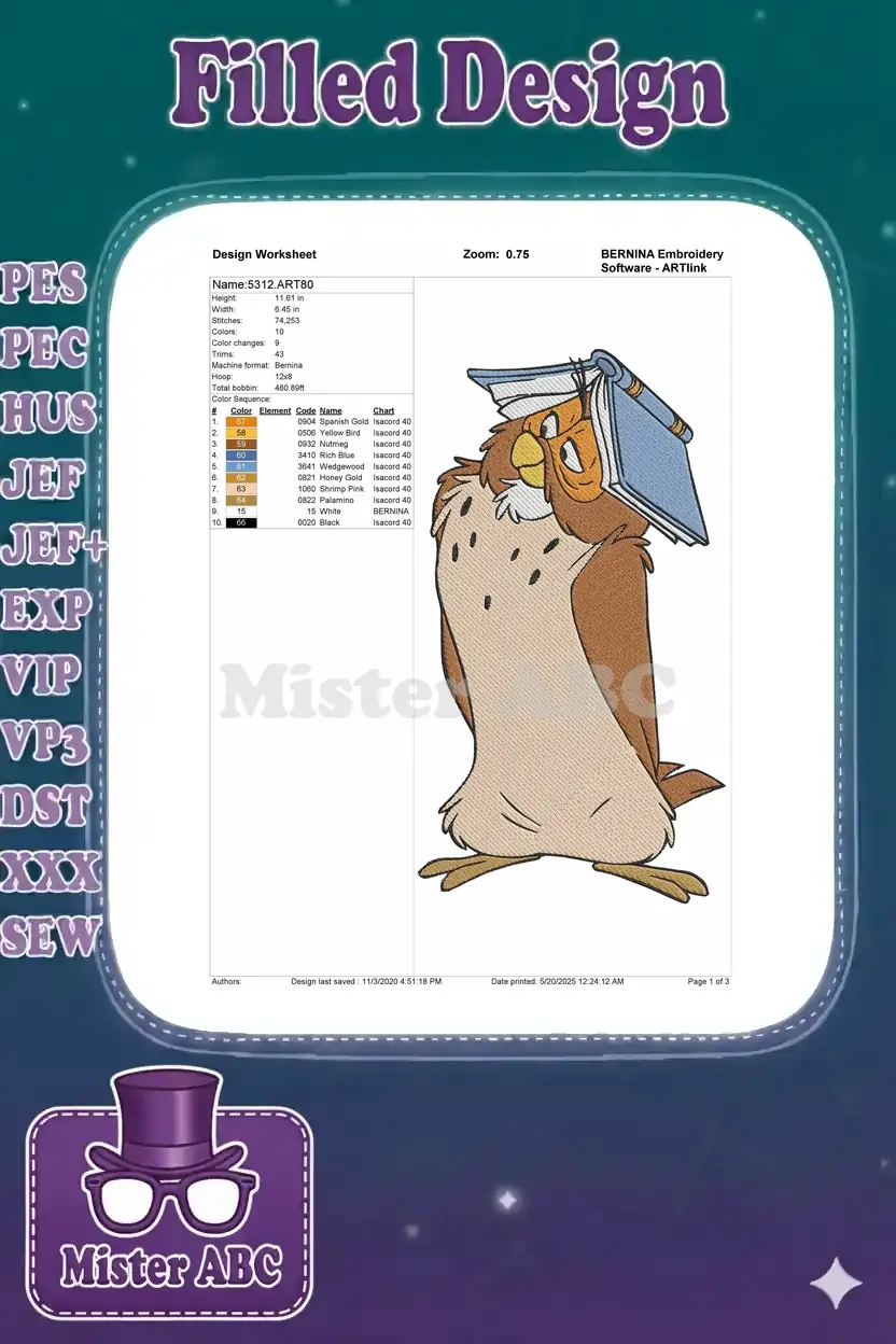 Detailed embroidery worksheet for the Owl design, listing dimensions, stitch count, thread colors, and machine information.