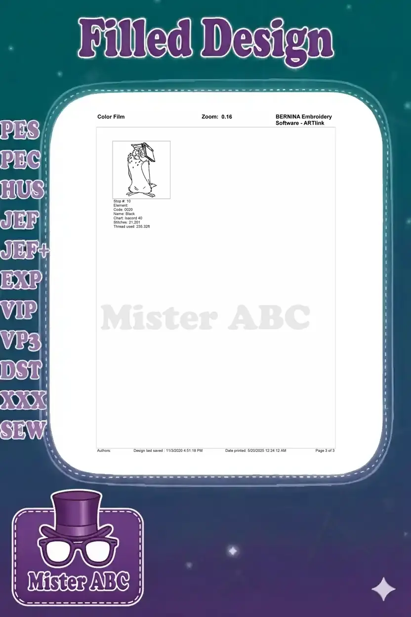 The final color film element for the Owl embroidery design, detailing the last color's stitch count and thread usage.