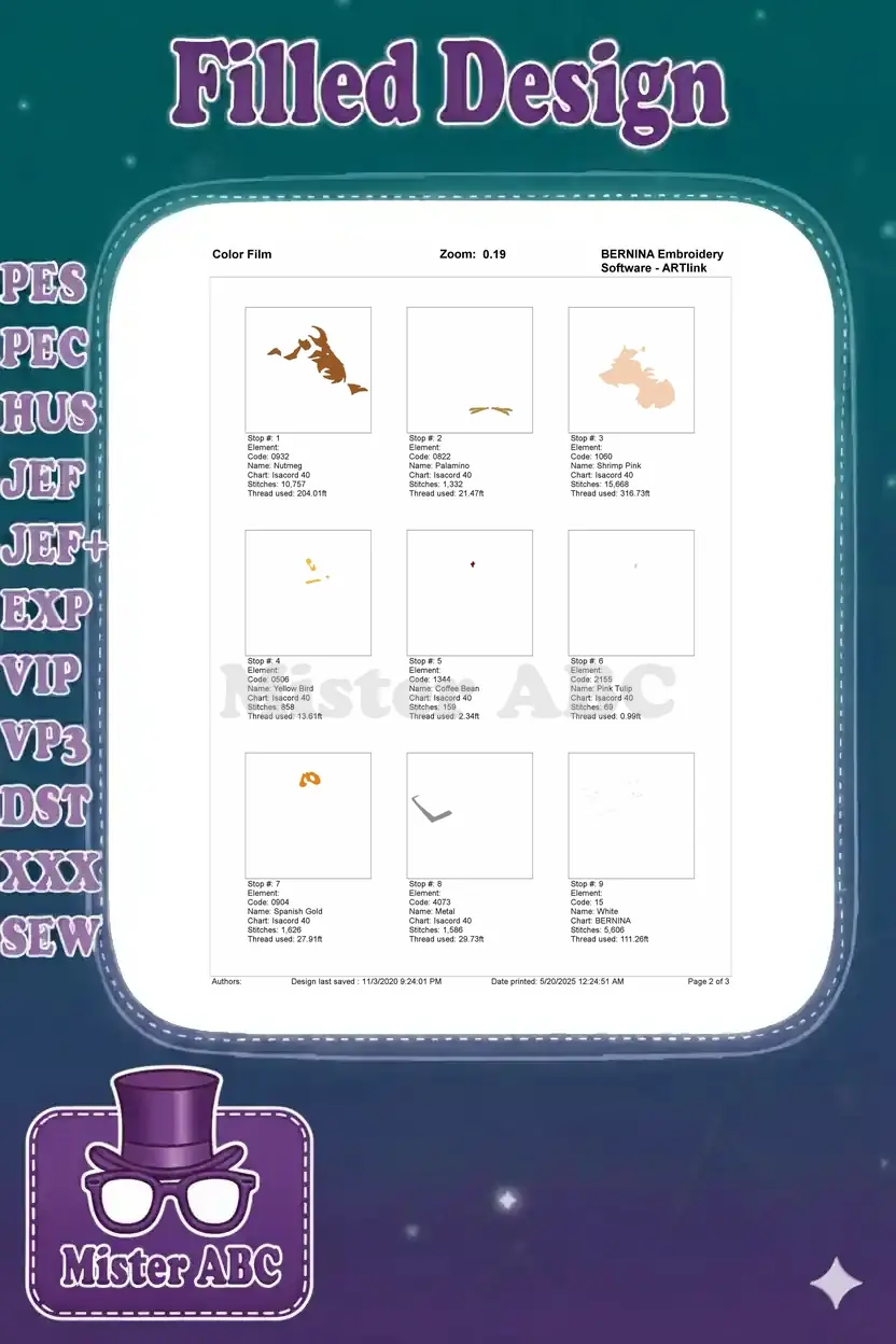 First page of the color film document, detailing initial embroidery color stops with stitch counts and thread names.