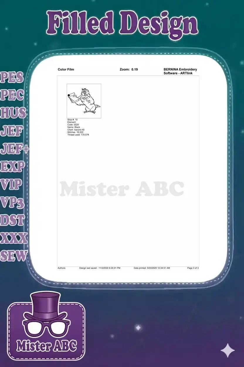 Second page of the color film document, detailing the final embroidery color stop with stitch count and thread name.