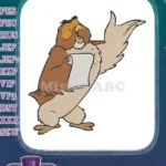 Expressive brown cartoon owl singing from scroll embroidery designs - Instant Download