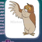 Friendly brown cartoon owl waving embroidery designs for children's apparel - Instant Download