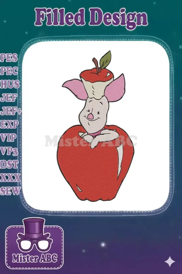 Embroidery design of Piglet from Winnie the Pooh, happily nestled inside a large red apple, with an apple core hat.