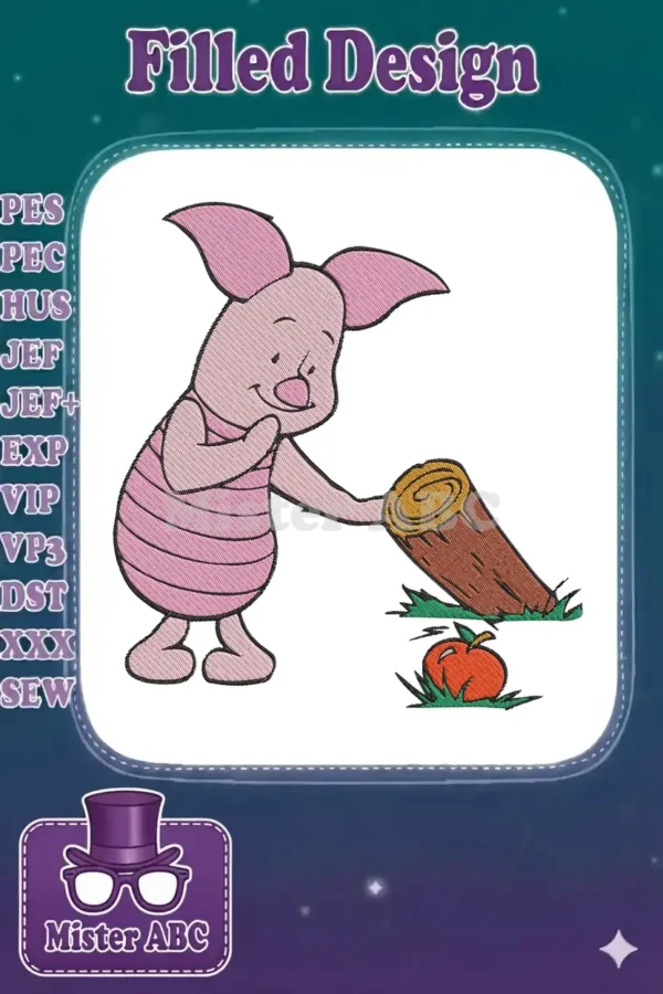 Embroidered Piglet character, looking happy, standing next to a brown log and a small orange pumpkin on green grass.