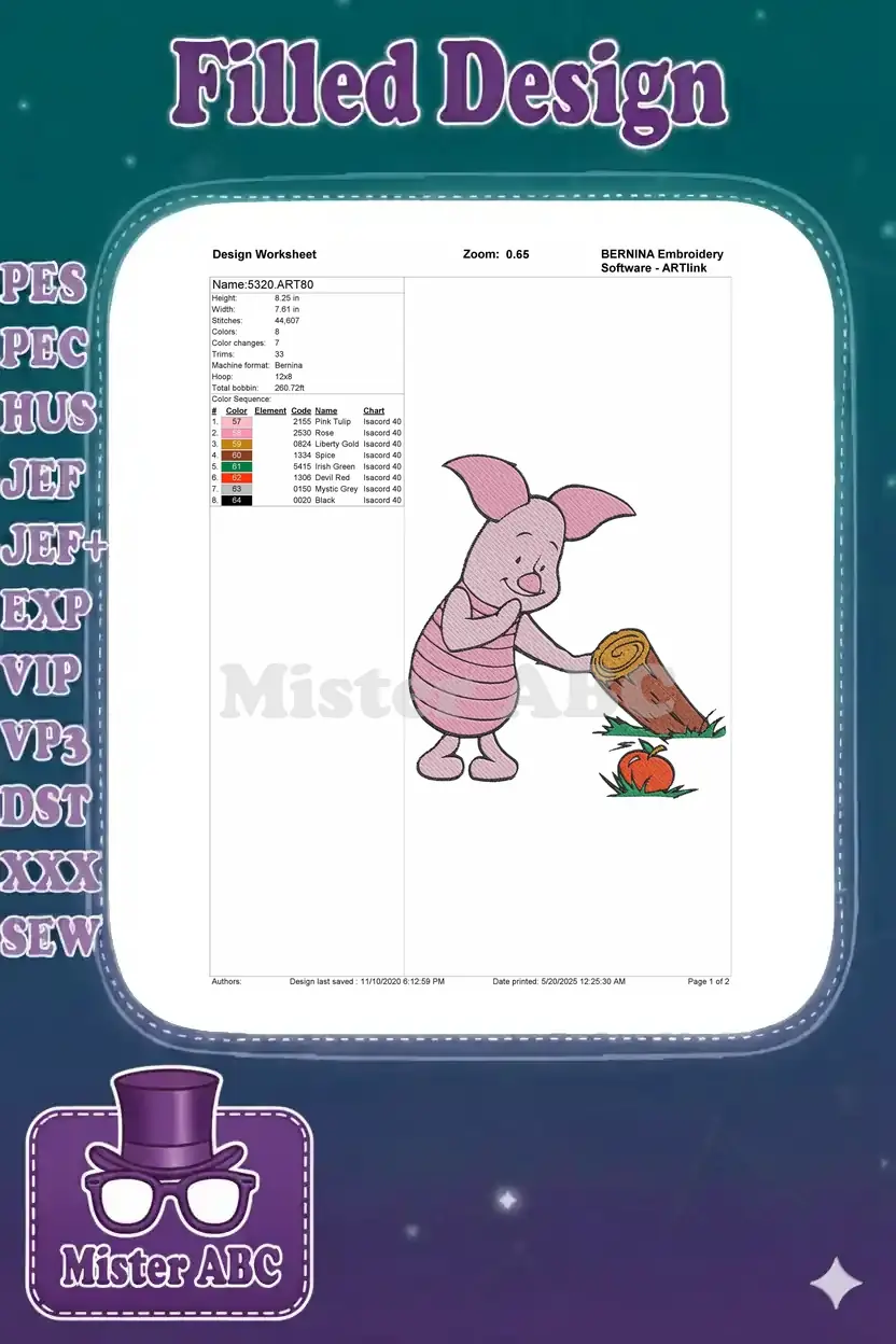 Embroidery design worksheet for Piglet, detailing dimensions, stitch count, color changes, and thread colors used.