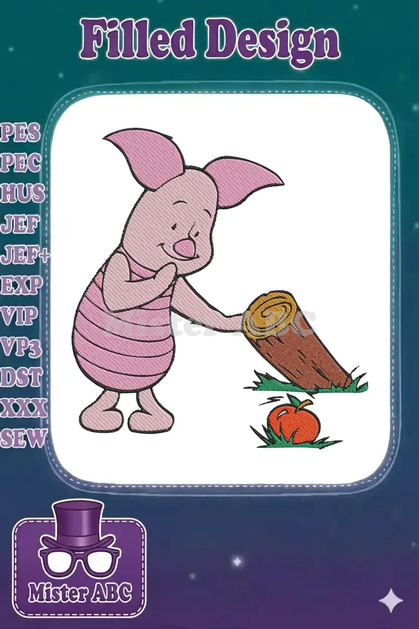 Embroidered Piglet character, looking happy, standing next to a brown log and a small orange pumpkin on green grass.