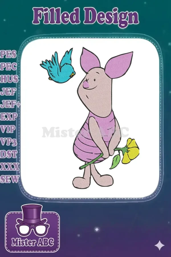Embroidery design of Piglet from Winnie the Pooh, holding a yellow flower, with a blue bird flying above.