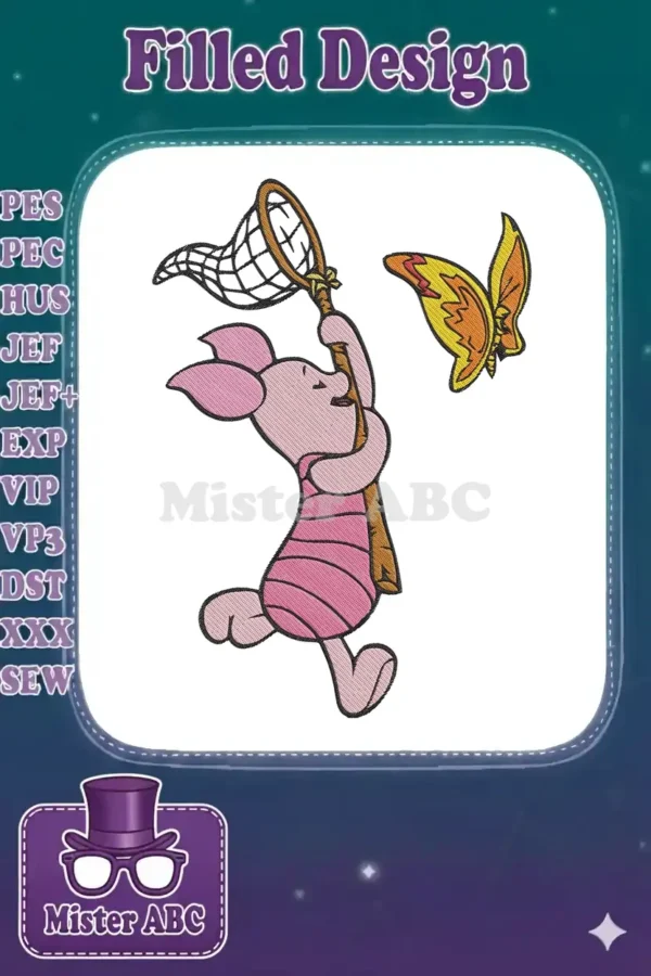 Delightful Piglet embroidery design featuring the beloved character gleefully chasing a vibrant orange and yellow butterfly with a net on a white background, showcasing detailed stitch work.