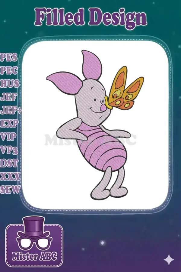 Delightful Piglet embroidery design featuring the beloved character happily observing a colorful butterfly on his nose.