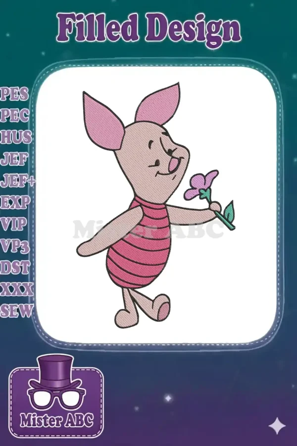 Charming Piglet embroidery design, from Winnie the Pooh, holding a purple flower with a sweet, happy expression.
