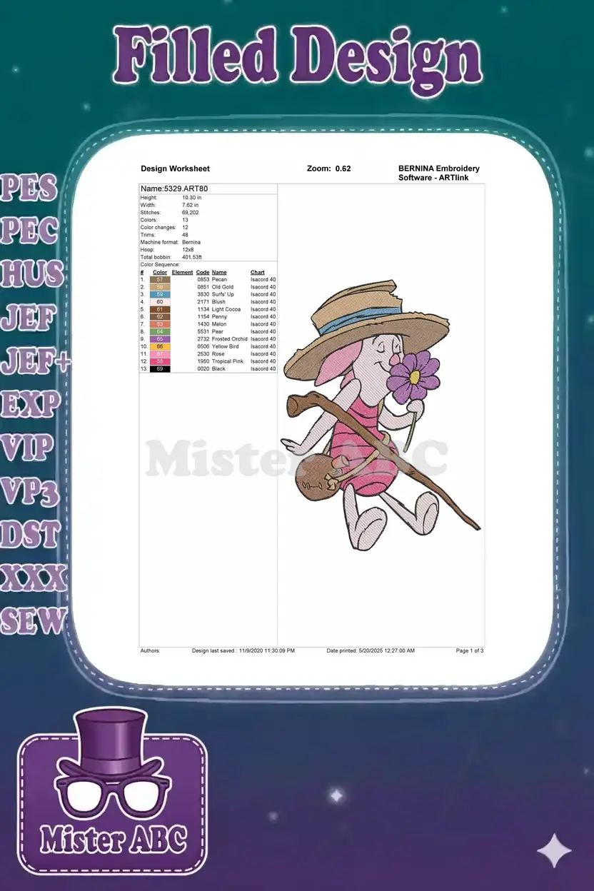 Embroidery design worksheet for Piglet, showing dimensions, stitch count, color sequence, and thread details.