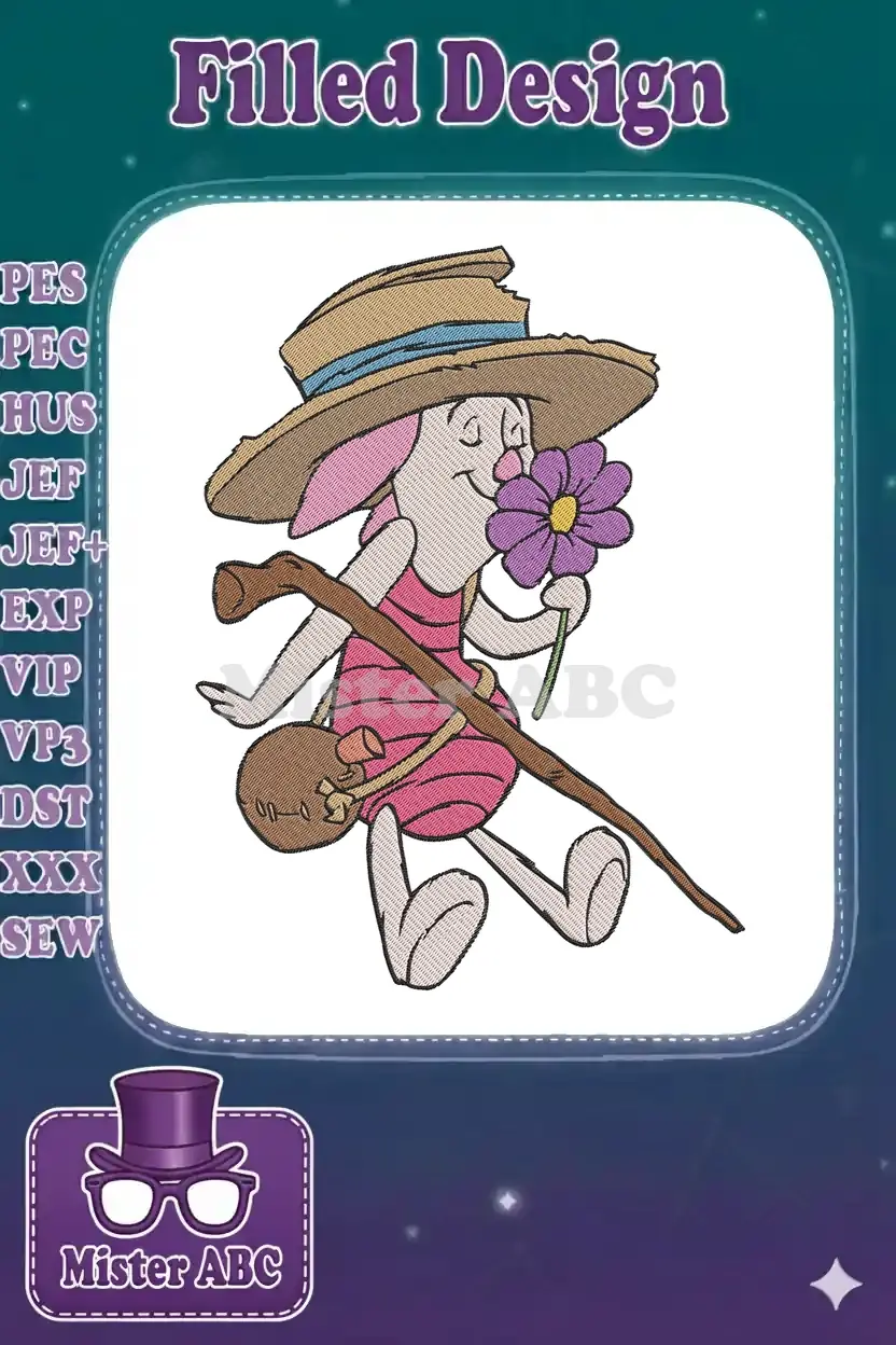 Embroidered Piglet from Winnie the Pooh, wearing a straw hat, holding a stick, and smelling a purple flower.