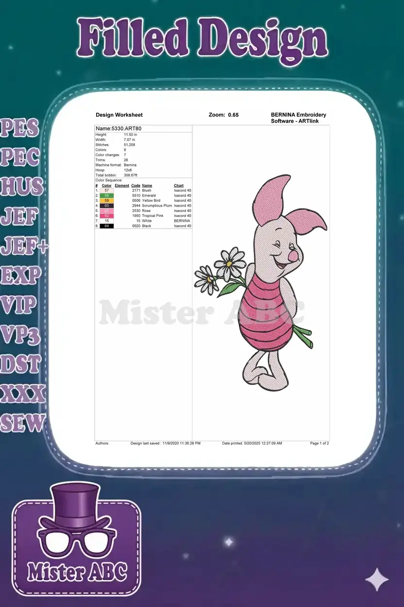 Embroidery design worksheet for Piglet, detailing stitch count, color sequence, dimensions, and machine format.
