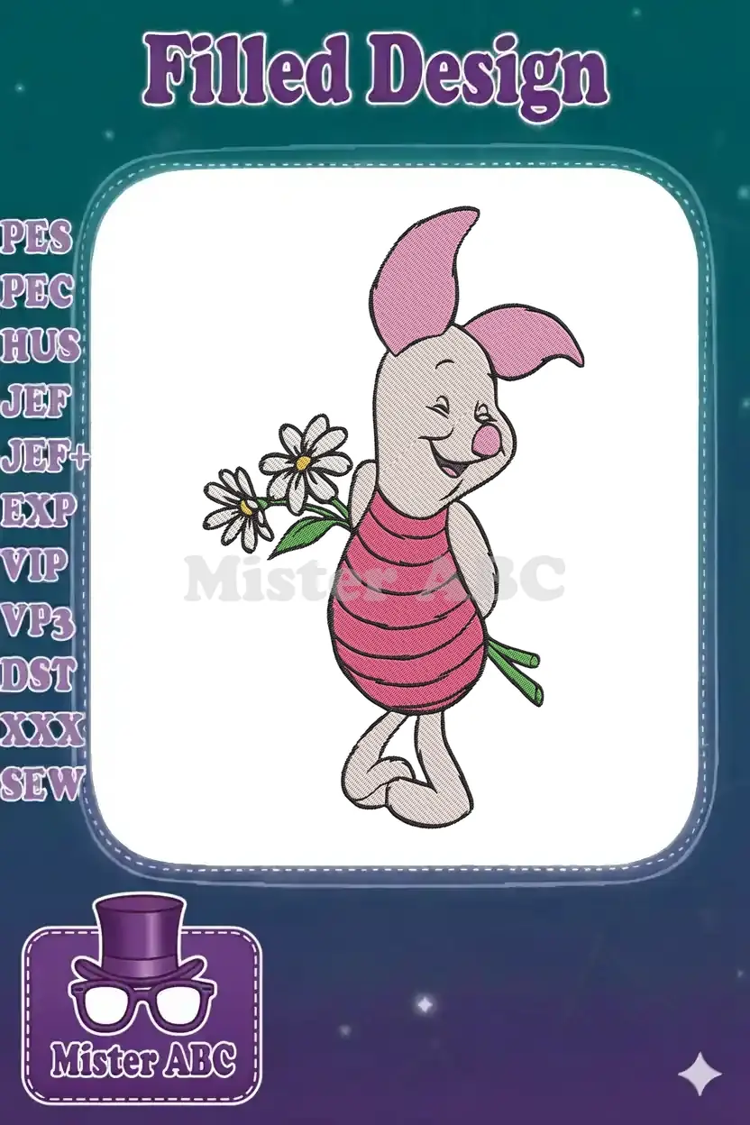 Close-up of Piglet embroidery design, smiling and holding white daisies, showcasing detailed stitching.
