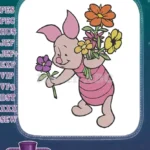 Cute Piglet holding colorful flower bouquet embroidery designs - Instant Download