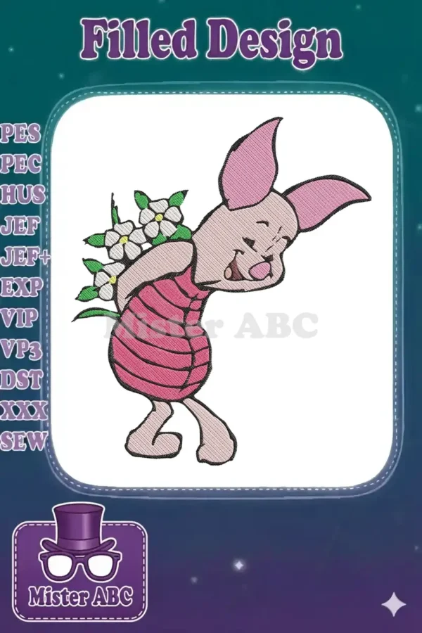 Embroidery design of a cheerful Piglet from Winnie the Pooh, holding a bouquet of white flowers behind his back.