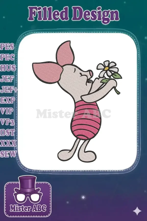 A delightful embroidery of Piglet from Winnie the Pooh, sweetly holding a white daisy with green leaves.