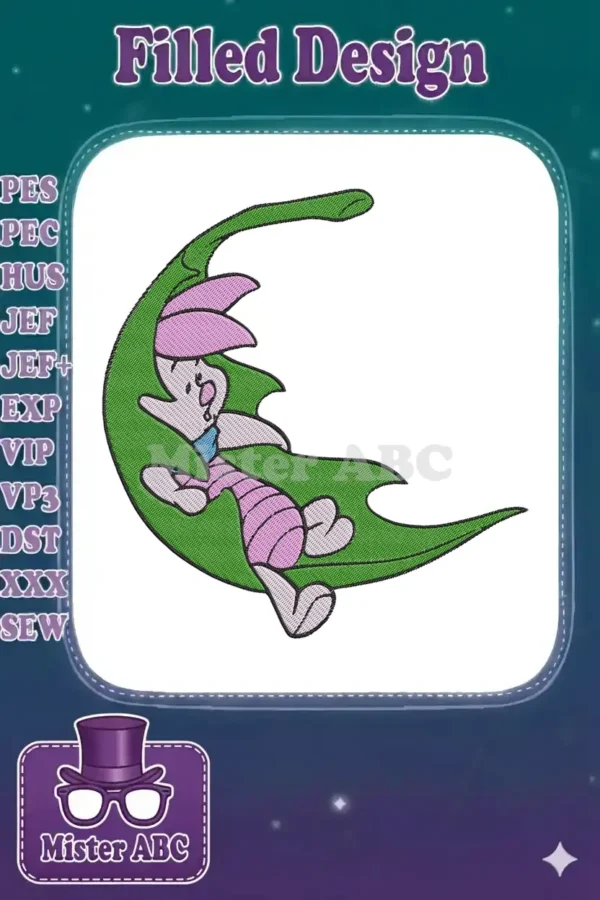 Embroidered Piglet from Winnie the Pooh sleeping peacefully on a vibrant green crescent leaf, detailed design.