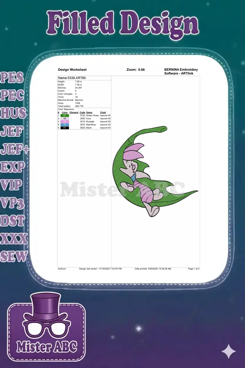 Embroidery design worksheet for Piglet on leaf, showing dimensions, stitch count, color sequence, and details.