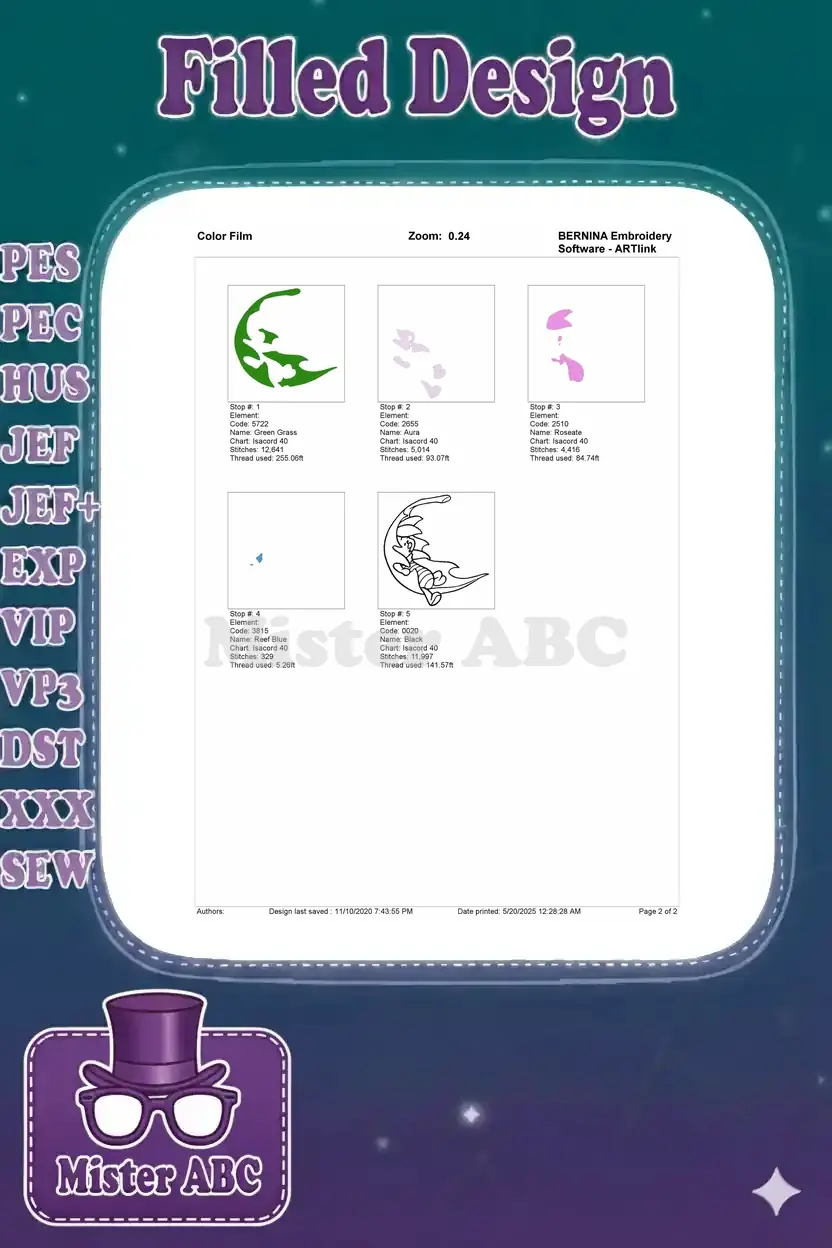 Color film breakdown for Piglet embroidery, detailing each color stop, stitch count, and thread usage visually.