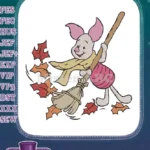 Piglet Sweeping Autumn Leaves with Broom Embroidery Designs - Instant Download