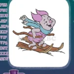 Adorable Piglet in blue scarf skiing winter fun embroidery designs - Instant Download
