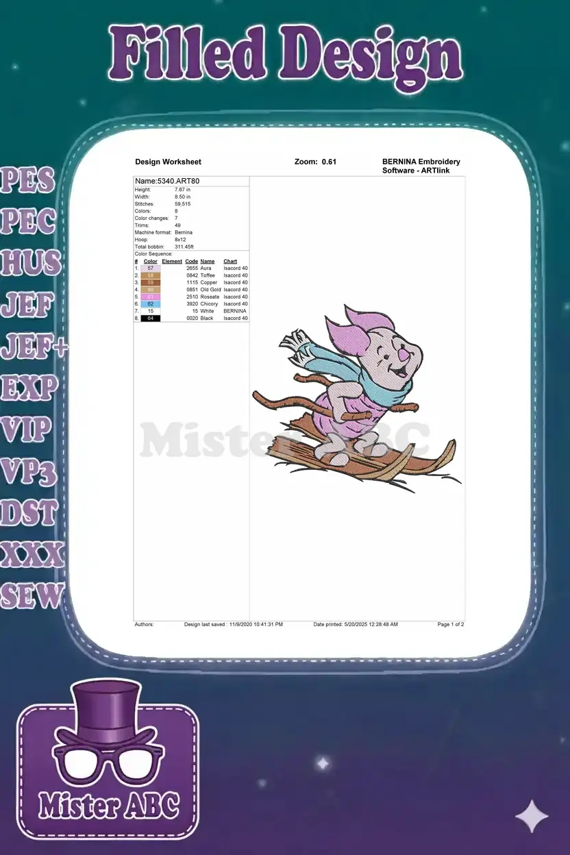 Embroidery design worksheet for Piglet skiing, showing dimensions, stitch count, color sequence, and thread details.