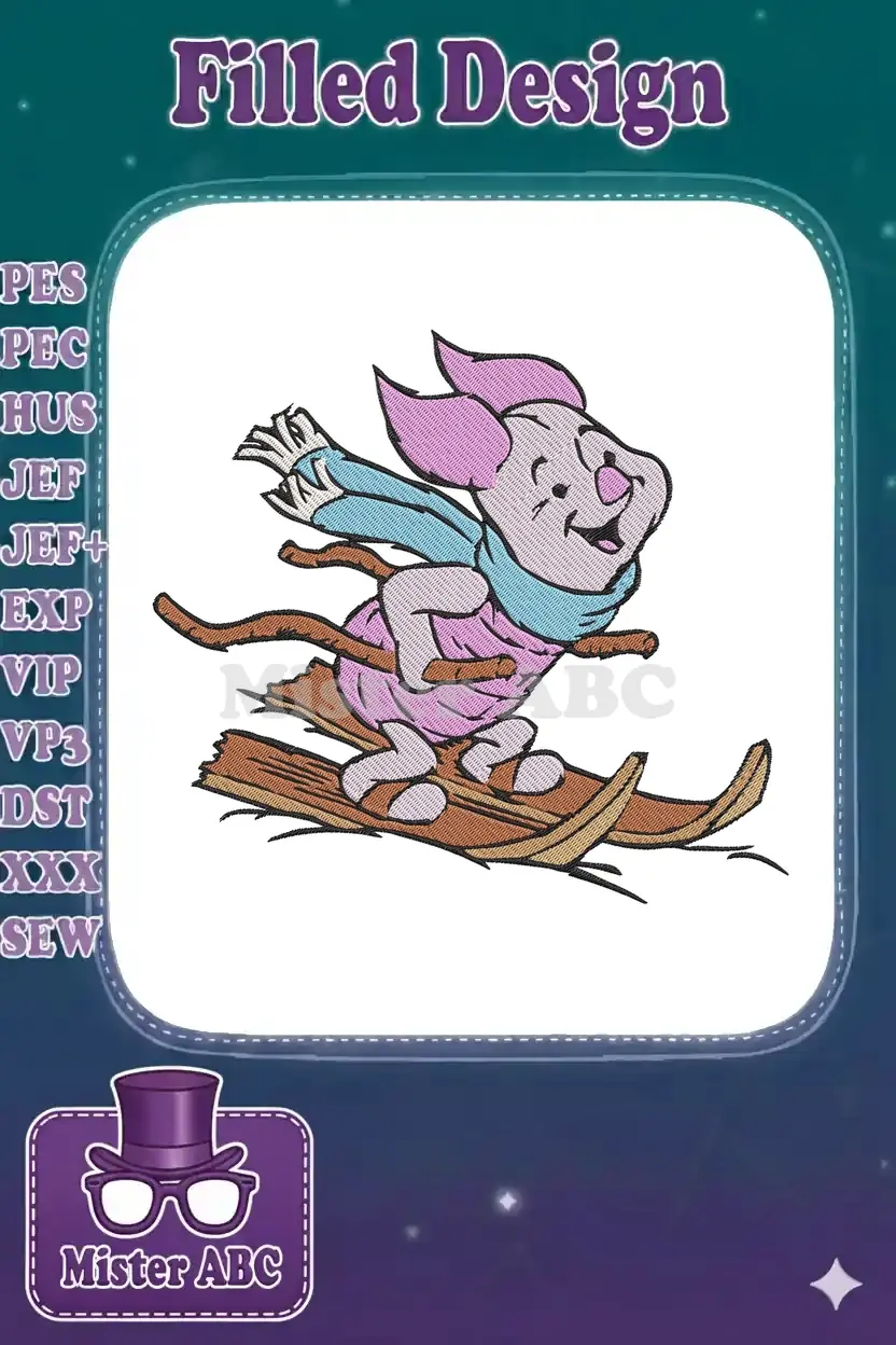 Embroidered Piglet from Winnie the Pooh joyfully skiing, wearing a blue scarf and mittens, on a white background.